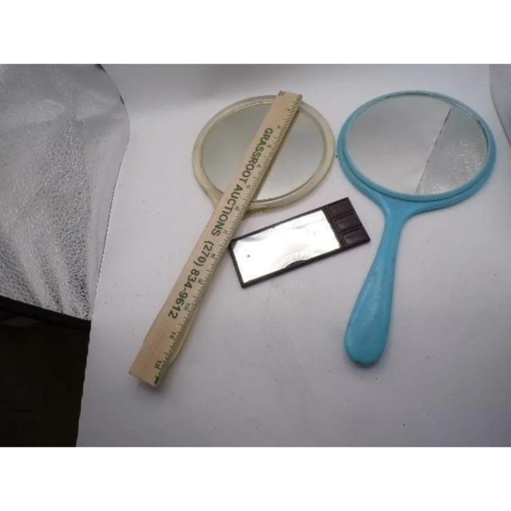 Vintage Hand Mirror Lot 3pc Blue Floral Clear‎ Lucite MCM Novelty Chocolate Bar